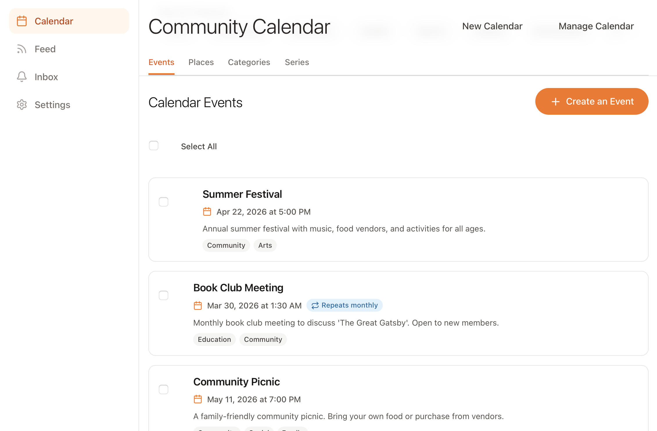 Event creation and calendar management interface