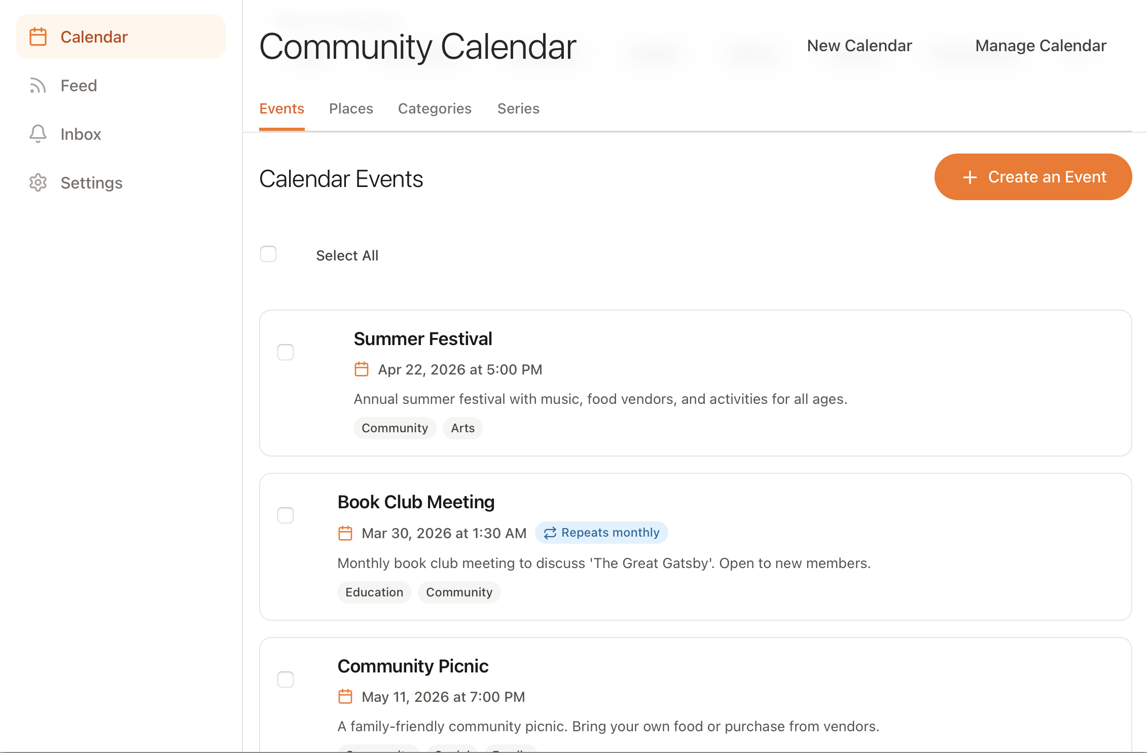 Event creation and calendar management interface