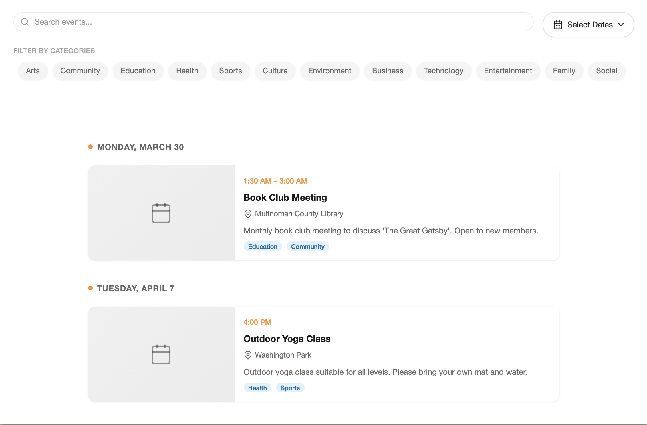 Public calendar view showing month layout with event cards